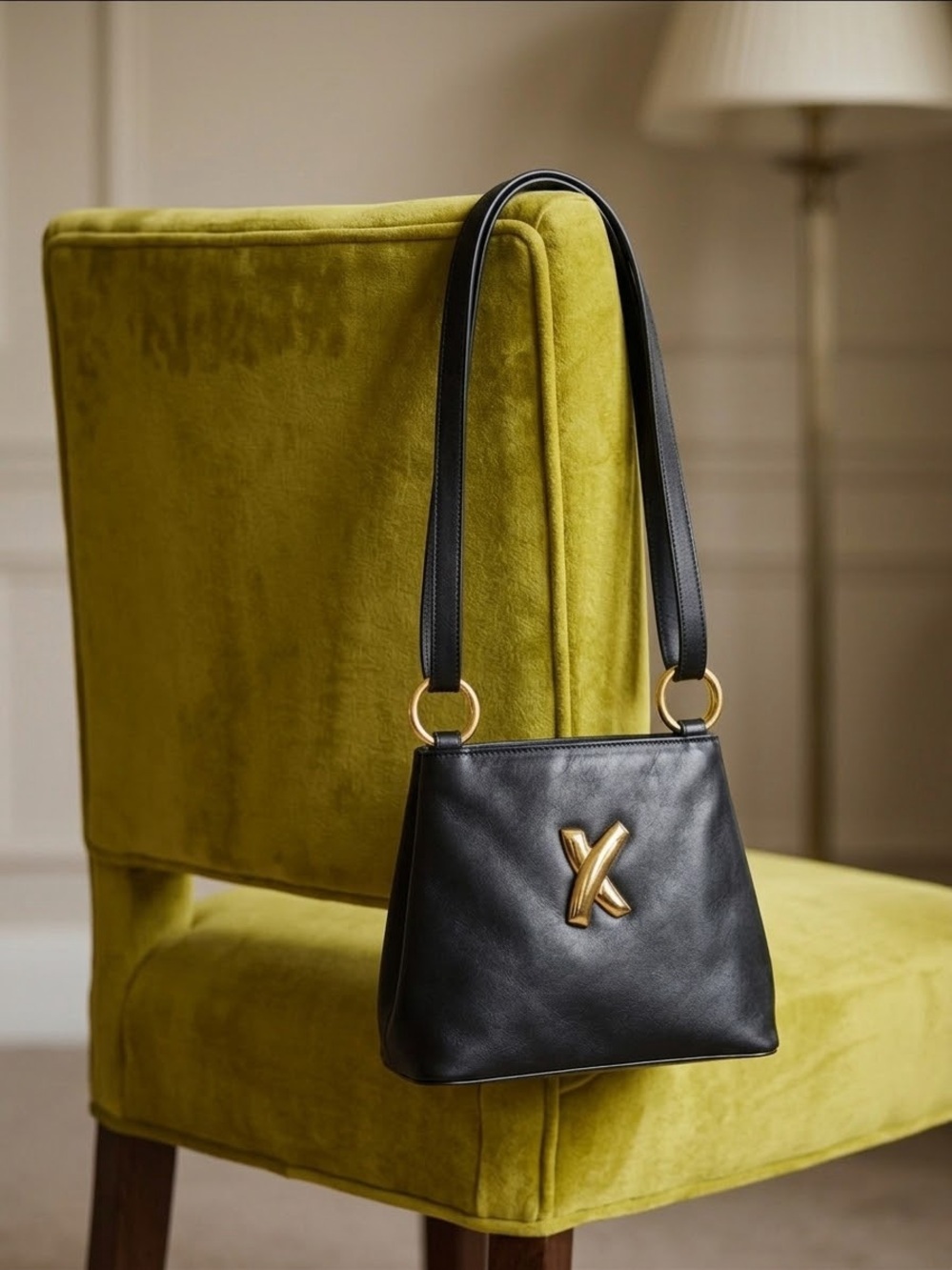 Paloma Picasso Black Leather Shoulder Bag with Gold 'X' Accent